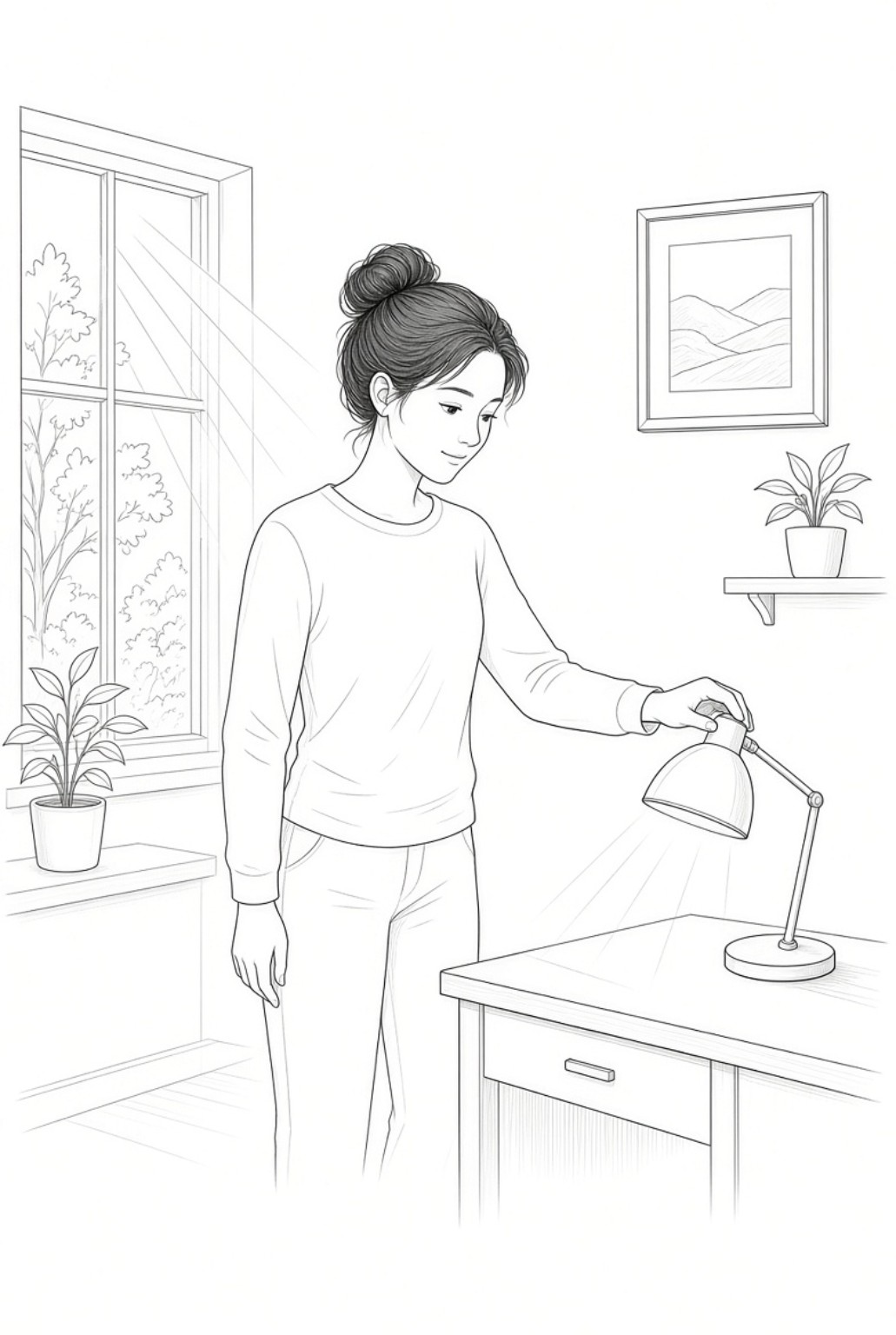 Ilustração mostrando uma mulher ajustando uma luminária para preparar boa iluminação